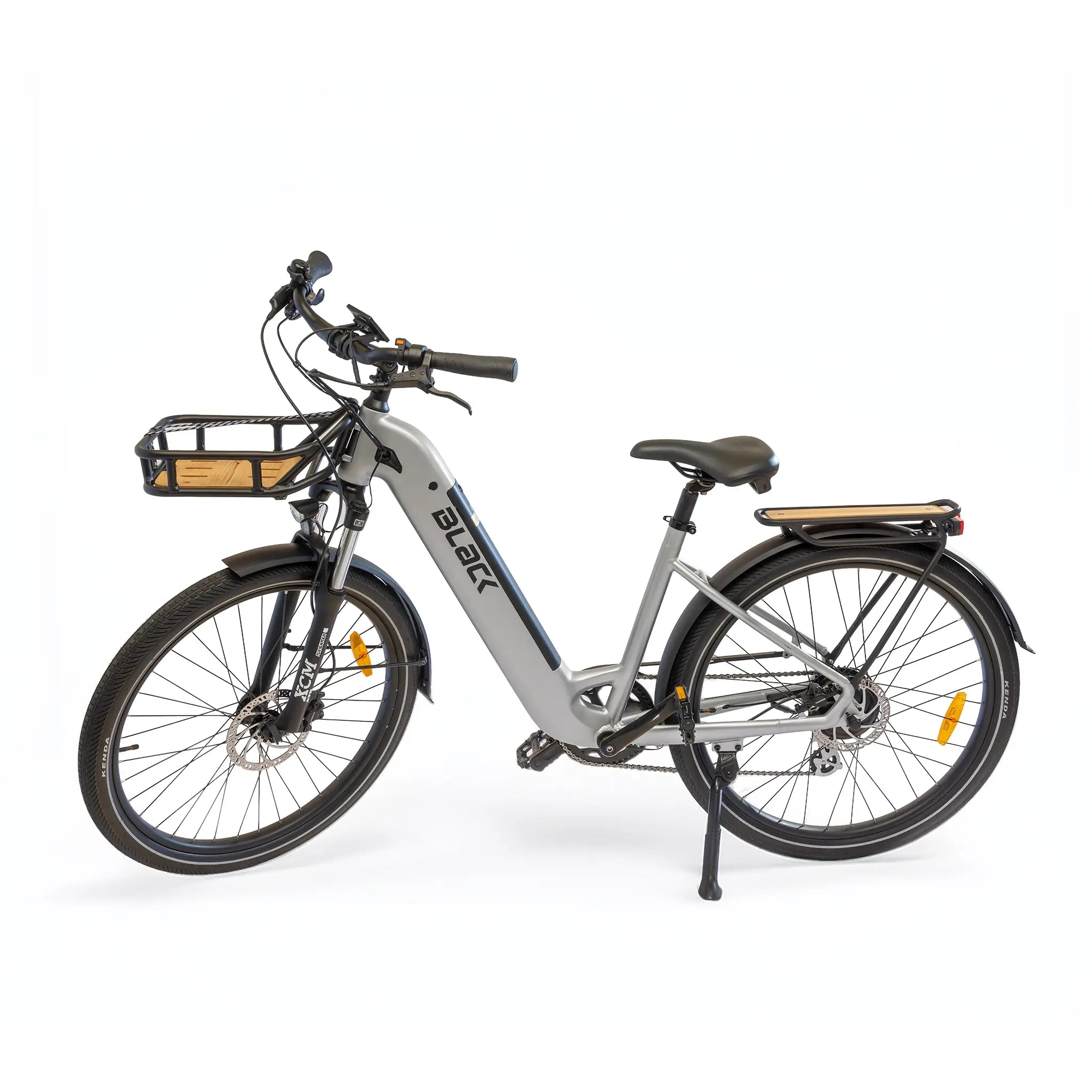 black roam st ebike side view with basket and rear rack