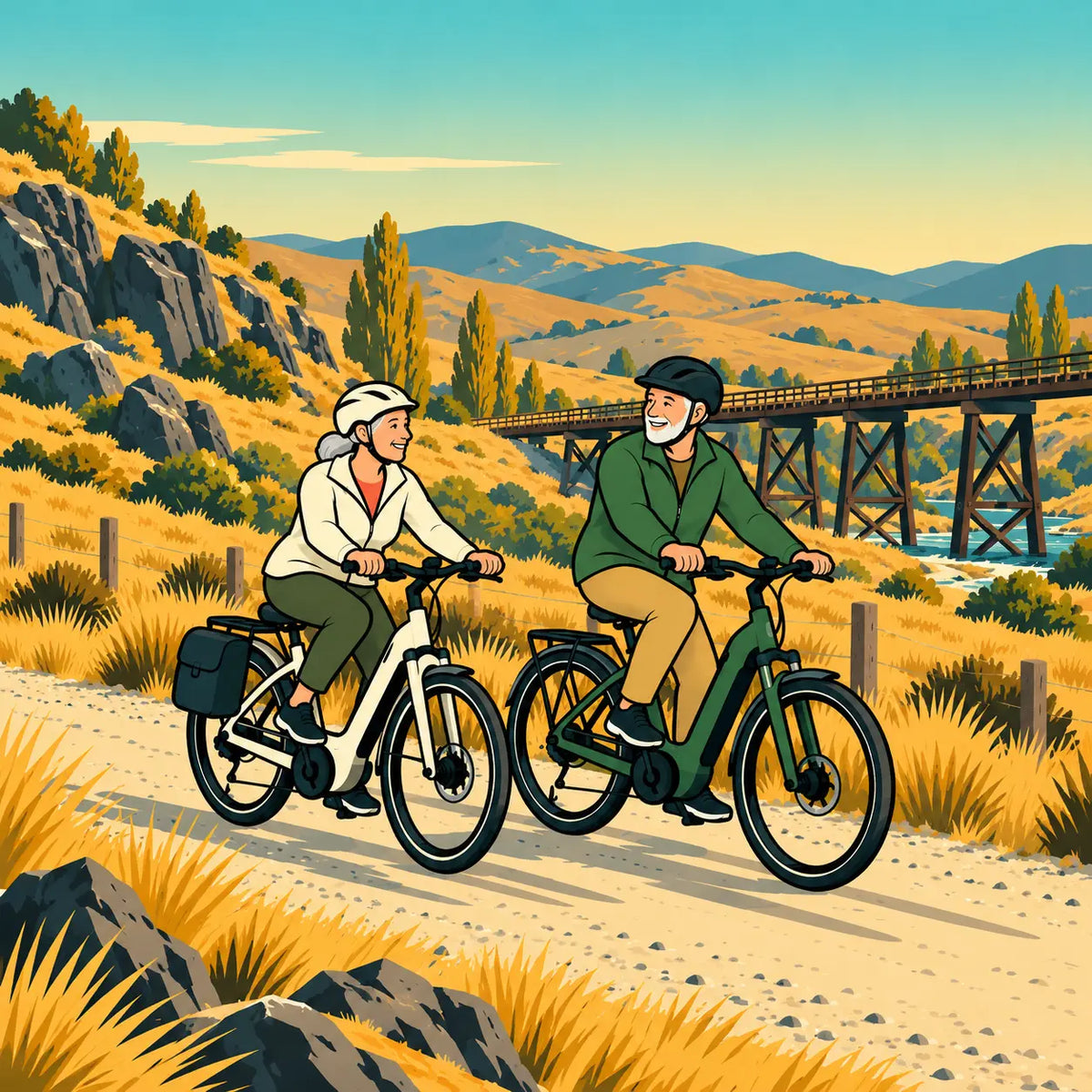 senior couple riding their step through ebikes on a trail in new zealand